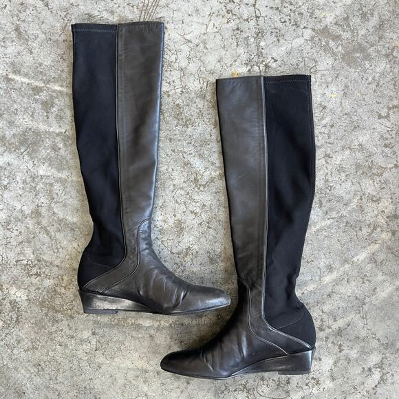 Stuart Weitzman Black Leather "Plack" 50/50 Wedge Knee High Boots Size 6 M - Picture 3 of 14